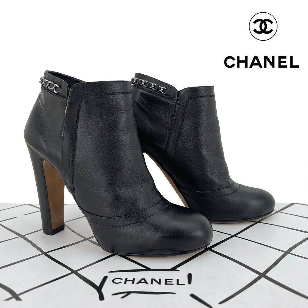 Chanel Lambskin Leather Chain Ankle Heel Boots in Black Size 41C